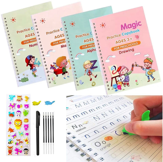 4-Pc Kids’ Magic Practice Copybook Set with 10 Refills